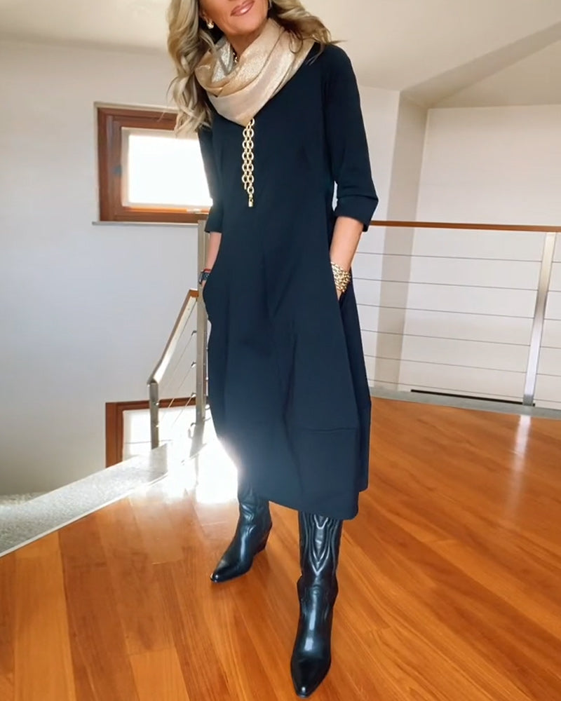 Elegant Solid Color Dress with Pocket and Round Collar