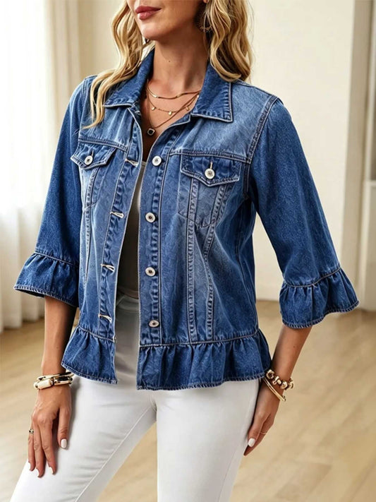 Dames Denim Jasje met 3/4 Volantmouwen