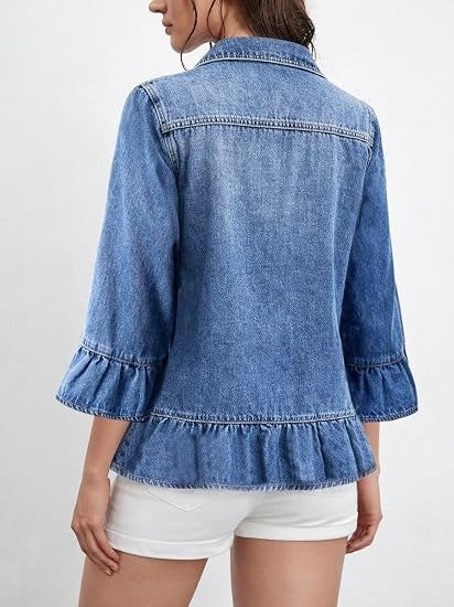 Dames Denim Jasje met 3/4 Volantmouwen