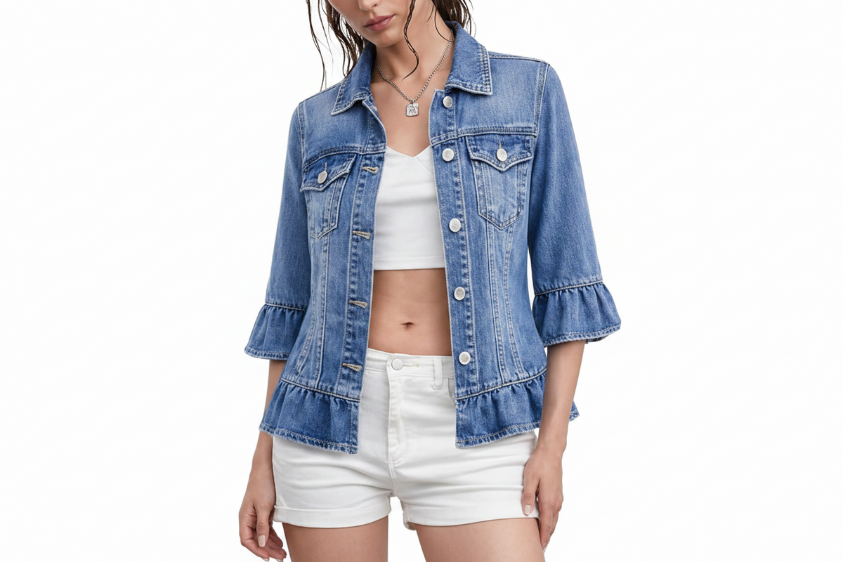 Dames Denim Jasje met 3/4 Volantmouwen
