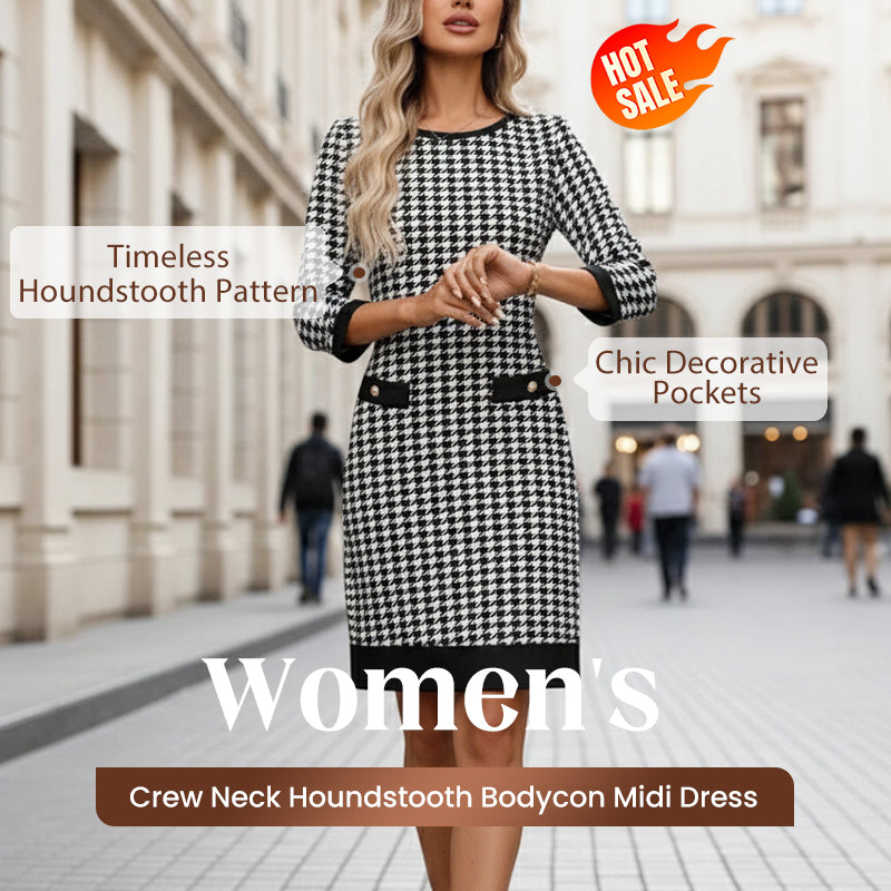 🏆 Hot Sale 70% OFF ✨Women's Crew Neck Houndstooth Bodycon Midi Dress