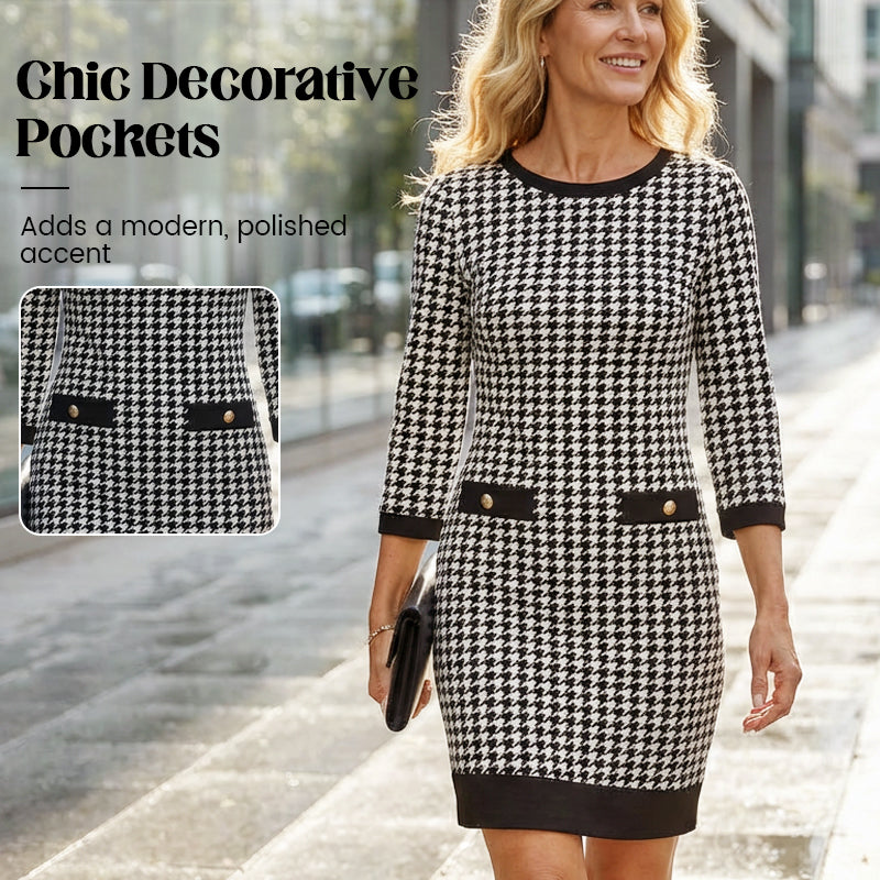🏆 Hot Sale 70% OFF ✨Women's Crew Neck Houndstooth Bodycon Midi Dress