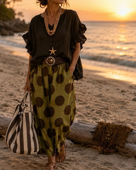 V-Neck Ruffle Top & Polka Dot Pants Set