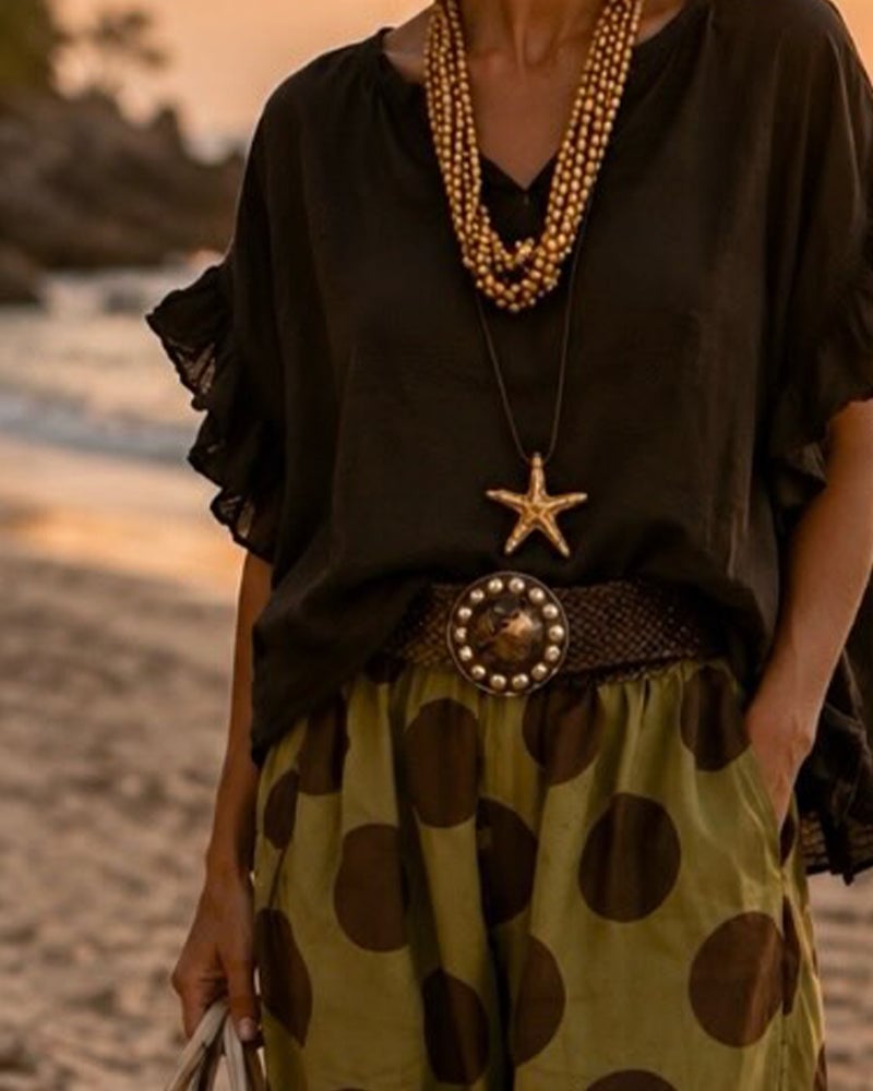 V-Neck Ruffle Top & Polka Dot Pants Set